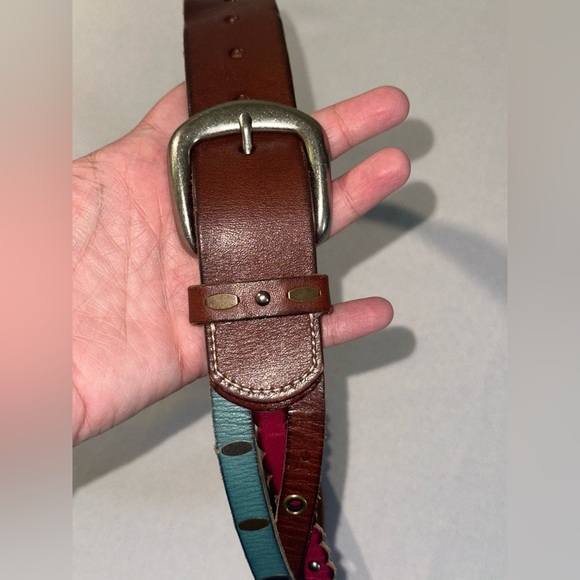 Fossil Women's Studded Braided Multi Color Leather Belt Size S Brown Aqua Pink - Picture 5 of 12